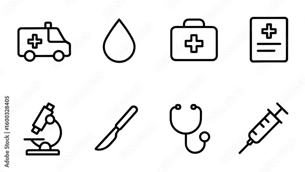 Fototapeta premium Linear icon set of medical emergency and healthcare equipment