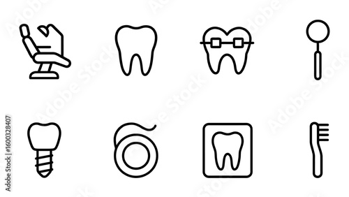 Linear icon set of dental care and orthodontic tools