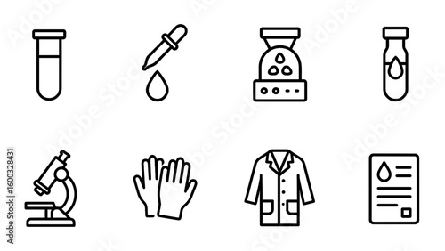 Linear icon set of laboratory tools and scientific equipment