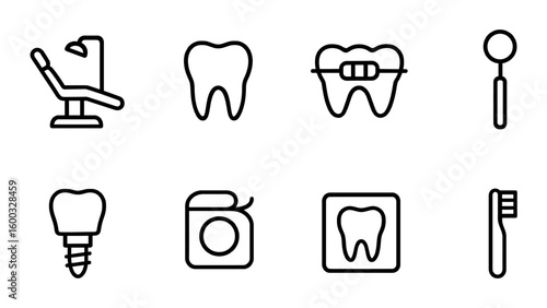 Linear icon set of dental care and orthodontic tools