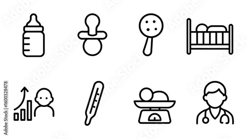 "Linear icon set of baby care and pediatric health symbols