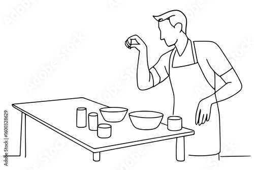 Man cooking at kitchen counter isolated line art
