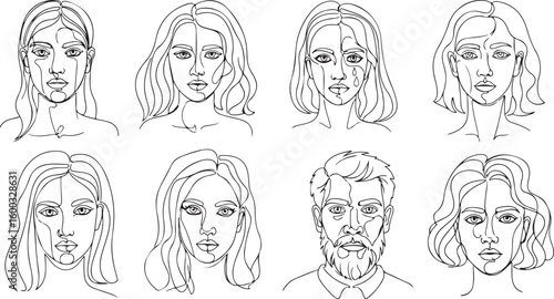 Diverse female and male faces sketch collection exploring various emotions and expressions