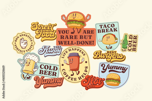 Groovy Burger Retro Character Stickers Set. Cartoon Hamburger, Taco, Coffee, Beer Walking and Smiling. Vector Street Food Mascot Templates Patches Collection. Vintage Fast Food Illustrations Isolated
