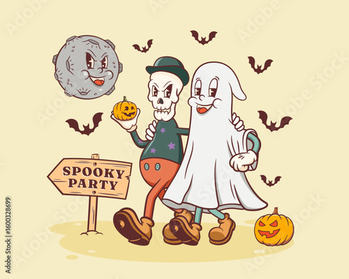 Halloween Groovy Skeleton and Ghost Retro Characters. Cartoon Mascots Walking by a Pumpkin to Spooky Party under Evil Moon. Vector Autumn Holiday Template. Happy Vintage Cool Illustration Isolated