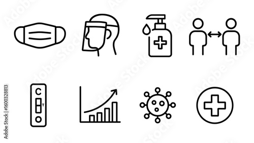 Linear icon set of COVID-19, health precautions, and medical safety measures