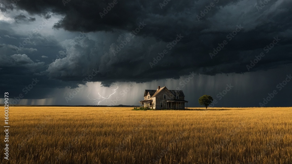 Fototapeta premium Isolated House in a Golden Field Under a Dramatic Stormy Sky