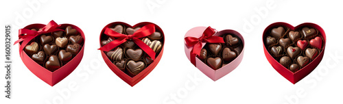 Four heart shaped chocolate boxes with red ribbons