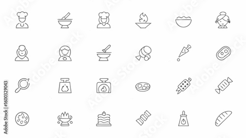 Depiction of various culinary and cooking related icons including chefs, food and cooking utensils design silhouette