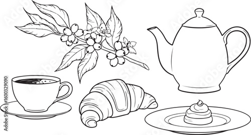 Enjoy a delicious morning breakfast with coffee croissant and pastry