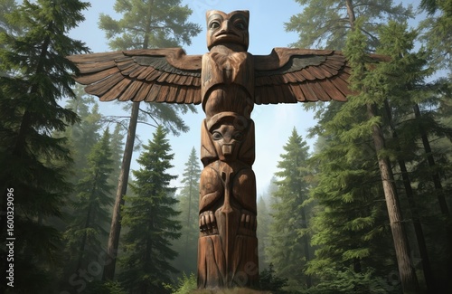 Towering wooden totem pole carved with faces, figures stands majestically in misty forest setting. Traditional tribal art, likely from indigenous cultures of Canada Alaska, intricate wood carvings.