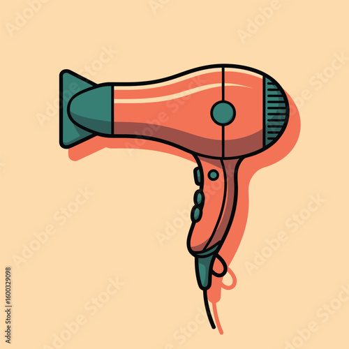 Coral and Teal Vector Style Hair Dryer Illustration Featuring a Cute Cartoonish Design Against a Peach Background Showing a Side View of the