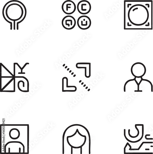 Miscellaneous vector icon set minimalist style,black outline search,language settings,media,biohazard,expand,network,user,profile,avatar,female icon set