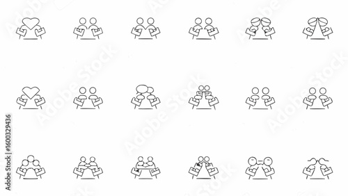 Collection of outline illustrations depicting people in meetings and collaboration scenarios with briefcases silhouette