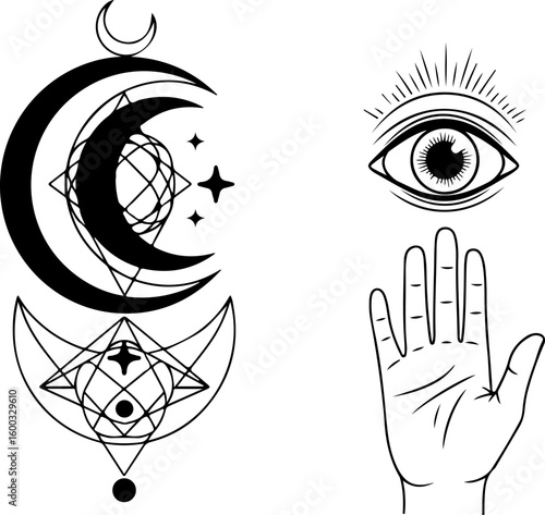 Mystical symbols crescent moon all seeing eye and palmistry hand line art design