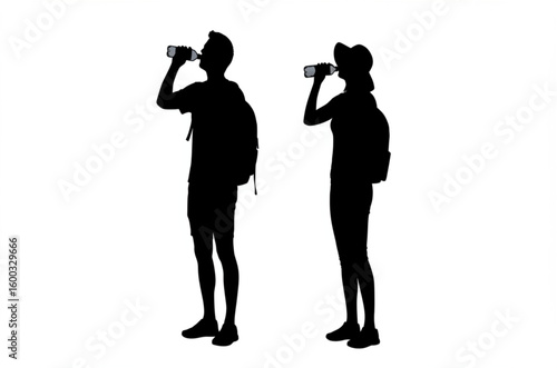 vector silhouette of a man and woman tourists standing drinking water on a white background .Generative AI
