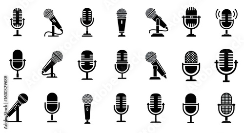 Icon Set Vector Collection of Black Microphone Silhouettes Modern Minimalist Design for Audio Recording and Broadcasting