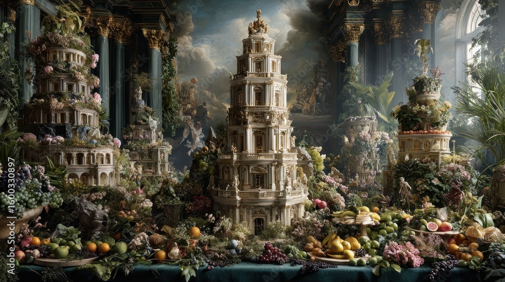 Obraz premium Opulent Baroque Garden Feast: A Whimsical Still Life