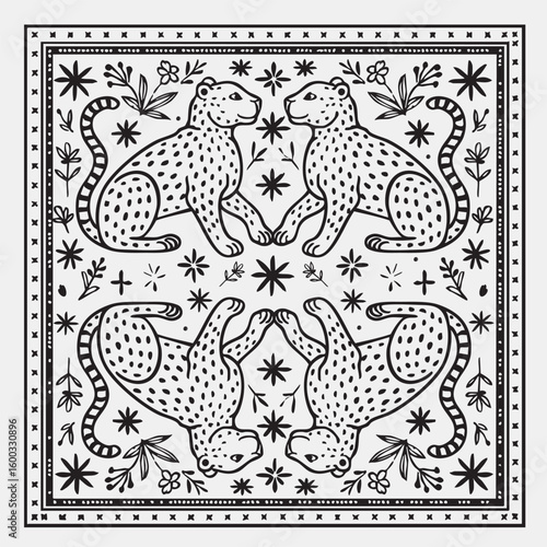 Symmetrical Leopard Scarf Pattern – Hand Drawn Animal and Floral Design