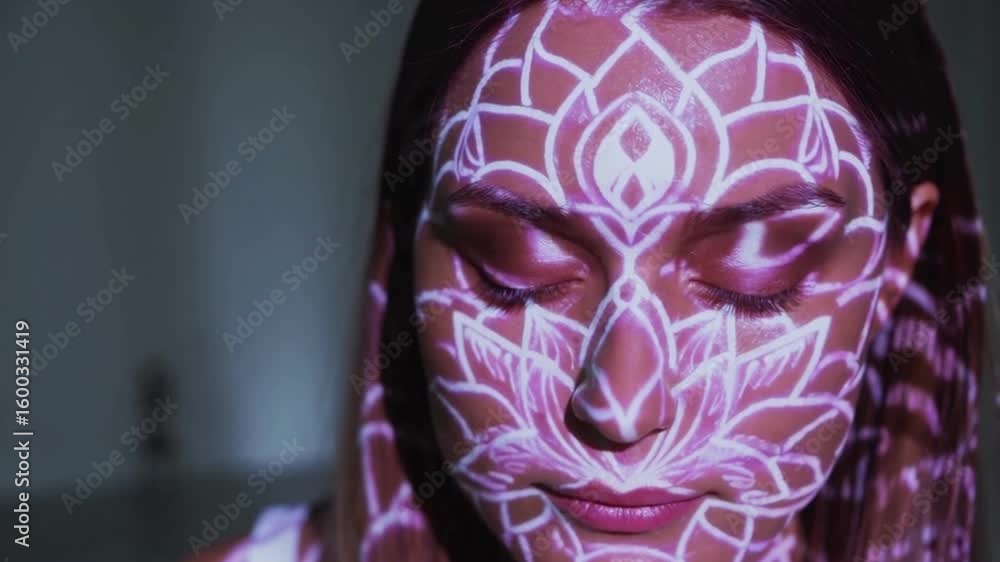 Mandala Pattern Projected on Woman’s Face – Sacred Geometry and Inner Transformation Mandala Pattern Projected on Woman’s Face – Sacred Geometry and Inner Transformation