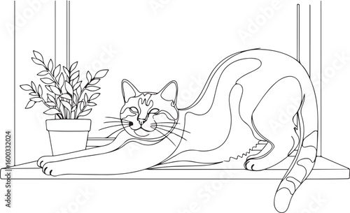 Adorable cat stretching on a windowsill next to a potted plant line art