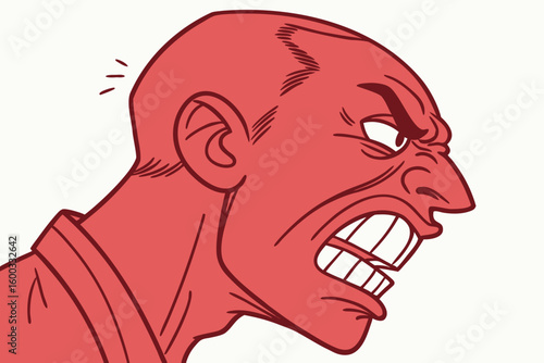 A red, angry face with tightly shut teeth, showing