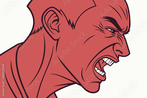 A red, angry face with tightly shut teeth, showing