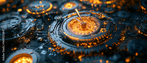 Wallpaper Mural Background with mechanism details and bright glow. Suitable for design of materials related to technology, innovation and scientific developments. Torontodigital.ca