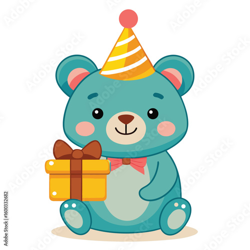 A heartwarming cute teddy bear, tenderly holding a birthday gift, a symbol of childhood joy and sweet affection.