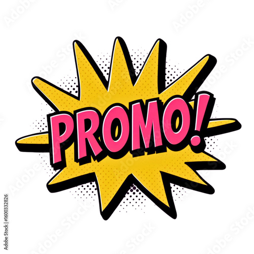 Bold pink promo text on a yellow starburst with halftone dots and purple outline