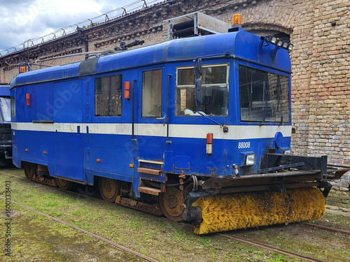 old vintage tram railway cleaner support public in depot brush snow dust