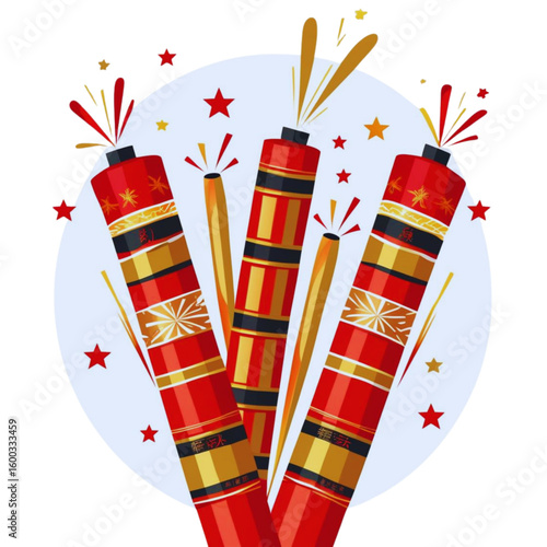 Festive celebration with colorful firecrackers and sparkling stars in a circular frame