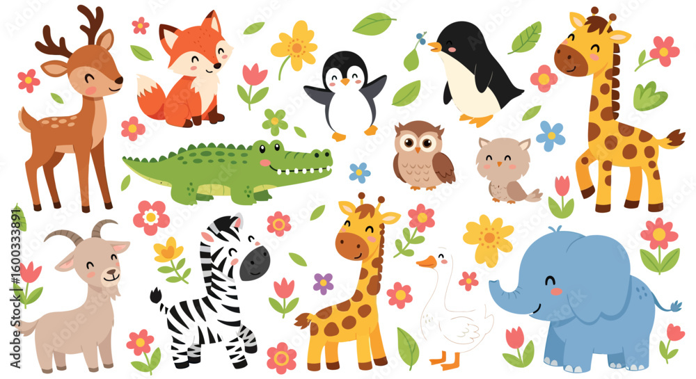 Obraz premium Cute Animal Vector Illustration with Cartoon Wildlife and Floral Elements in Colorful Playful Style