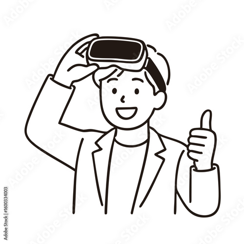 Man giving thumbs‑up while removing VR headset, minimal line art illustration