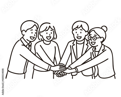 Business team of four joining hands in partnership, minimal line art illustration