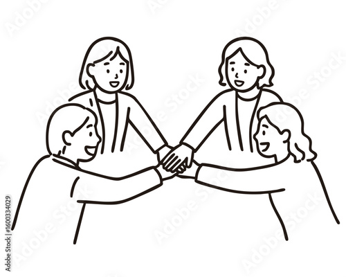 Four female colleagues stacking hands to unite team, minimal line art illustration