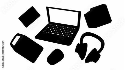 Illustration of a laptop surrounded by a book a tablet a phone a hard drive and headphones in black silhouette