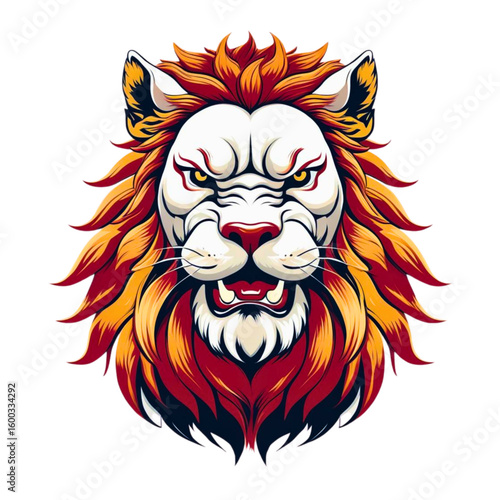 Fierce lion head illustration with fiery mane and intense expression