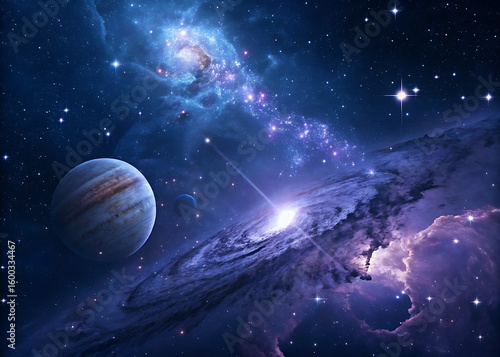 A captivating image of deep space filled with bright nebulae, shining stars and mysterious planets.