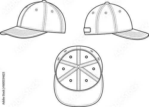 Baseball cap technical vector, CAD cap design illustration, flat sketch front side top views, hat blueprint drawing, fashion template