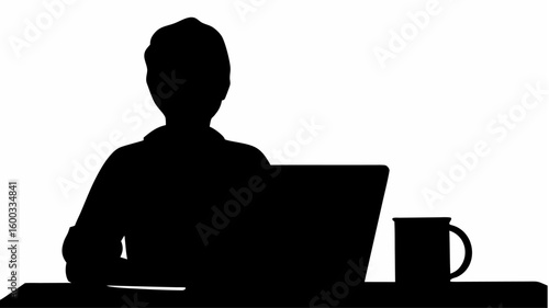 Silhouette of person working on laptop with coffee mug on desk in front of white background image view