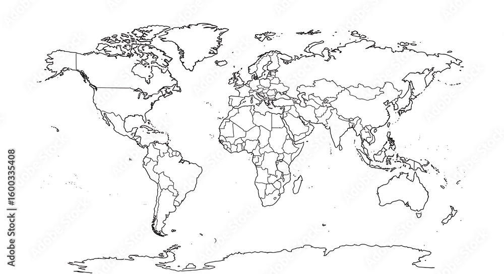 Fototapeta premium A blank political world map illustration, showing country borders in outline against a white background.