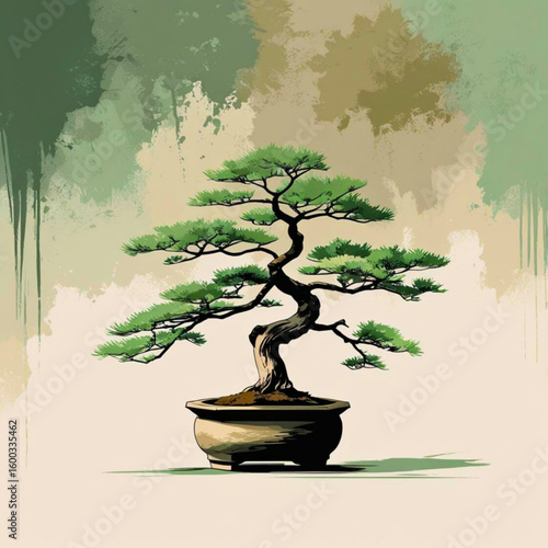 Artistic illustration of a mature pine bonsai tree in a ceramic pot with painted watercolor background