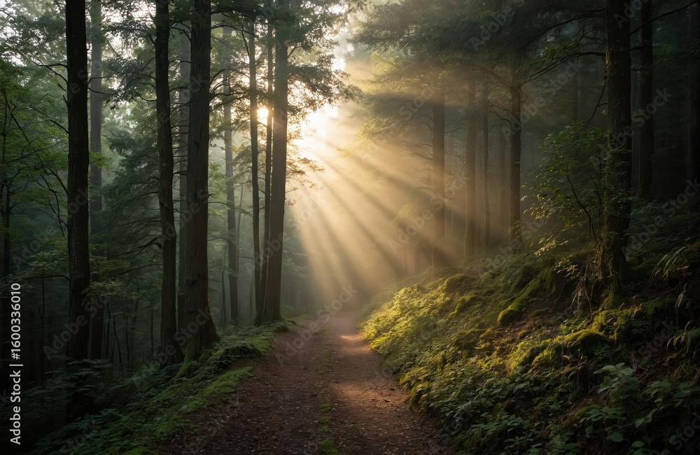 Obraz premium Sunlight streams through misty forest morning, illuminating winding dirt path. Tall trees with green foliage create canopy overhead, with mossy ground cover on side. Rays of light pierce fog, serene,
