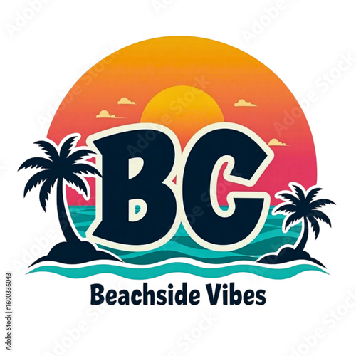 Retro sunset beach scene with palm trees and bc initials beachside vibes