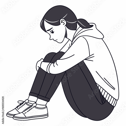 Vector art of a young girl sits alone hugging her knees with a sad expression