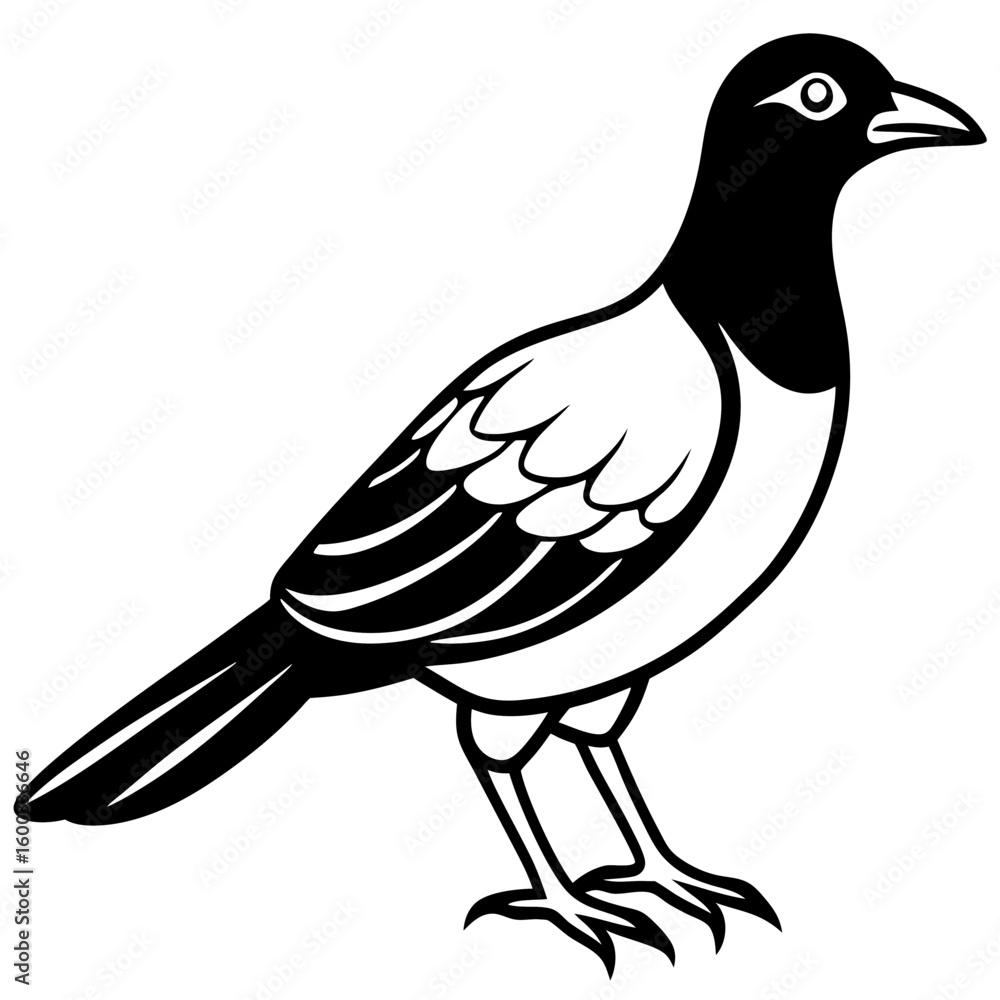 Fototapeta premium Vector art of a stylized black white illustration of a magpie bird standing in