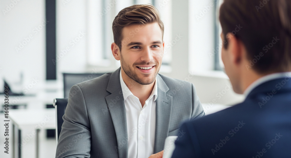 Fototapeta premium Professional man in a suit confidently engaging in a business meeting or interview, smiling and listening intently.