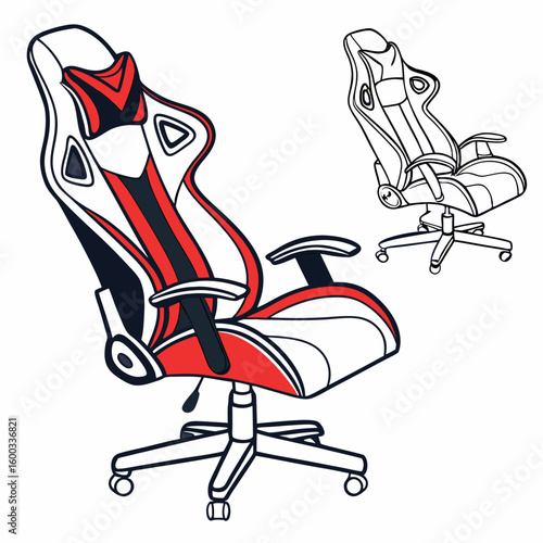 Vector art of a stylish red white black gaming chair with ergonomic is depicted in a