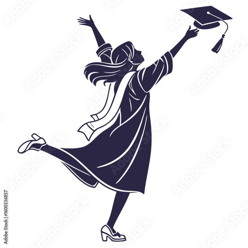 Vector art of a jubilant female graduate in a dark blue gown throws her cap in the air